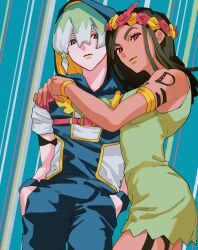  1boy 1girl aqua_eyes arm_tattoo black_hair brother_and_sister cowboy_shot dark-skinned_female dark_skin dragona_joestar frown hair_between_eyes hands_in_pockets head_wreath highres hood hood_up hug hug_from_side jodio_joestar jojo_no_kimyou_na_bouken long_hair pink_eyes short_hair siblings smile tattoo the_jojolands uzuki_uzu white_hair 