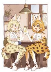  0nanaten 2girls animal_ears belt bottle bow bowtie cat_ears cat_girl cat_tail chair commentary_request cup elbow_gloves extra_ears gloves grey_hair highres holding holding_bottle holding_cup indoors kemono_friends multiple_girls orange_hair serval_(kemono_friends) shirt shoes short_hair skirt sleeveless sleeveless_shirt table tail thigh-highs white_serval_(kemono_friends) 