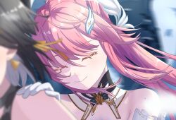  absurdres adoptive_parent_and_adoptive_child aemeath_(wuthering_waves) bare_shoulders closed_eyes closed_mouth commentary_request earrings female_rover_(wuthering_waves) hair_ornament hand_on_another's_shoulder highres jewelry long_hair mole mole_on_shoulder mother_and_daughter pera_(tw2ive) pink_hair rover_(wuthering_waves) smile solo_focus triangle_earrings wuthering_waves 