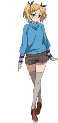  1girl arms_at_sides black_eyes blonde_hair blue_sweater brown_shoes closed_mouth full_body grey_thighhighs hair_ornament hairclip layered_sleeves long_sleeves looking_at_viewer mole mole_under_eye official_art shirobako shoes short_twintails simple_background solo standing sweater tachi-e thigh-highs three-quarter_sleeves transparent_background turtleneck turtleneck_sweater twintails yano_erika zettai_ryouiki 