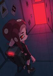  1girl agent_8_(splatoon) black_bag black_boots black_skirt boots crop_top full_body hallway high_heel_boots high_heels highres long_hair looking_back octoling oka_kabe pencil_skirt poster_(object) red_eyes red_hair skirt solo splatoon_(series) splatoon_2 splatoon_2:_octo_expansion standing tentacle_hair 