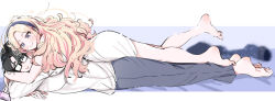  1boy 1girl bare_legs barefoot black-framed_eyewear black_hair blonde_hair blush commentary_request dress gakuen_idolmaster glasses grey_hairband grey_pants hairband hug idolmaster juo_sena kasasagi_(futagodori888) lying lying_on_person multicolored_hair on_stomach pants partial_commentary pink_streaks producer_(idolmaster) shirt smile soles streaked_hair white_dress white_shirt 