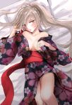  1girl bed_sheet blonde_hair breasts fate/apocrypha fate/grand_order fate_(series) japanese_clothes jeanne_alter kimono large_breasts long_hair looking_at_viewer lying ruler_(fate/apocrypha) solo sushimaro twitter_username yellow_eyes 