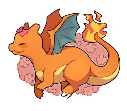  absurdres artist_name blush bow charizard claws closed_eyes closed_mouth commentary dragon english_commentary fang fire flower highres no_humans pokemon pokemon_(creature) pokemon_focus sevi_(seviyummy) smile solo white_background wings 