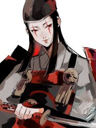  1boy 4me3ba_niku androgynous armor black_hair black_hat demon_(megami_tensei) facial_mark hat highres japanese_armor japanese_clothes kote long_hair male_focus pale_skin red_eyes shin_megami_tensei simple_background solo sword tassel upper_body weapon white_background yoshitsune_(megami_tensei) 