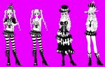  1girl boots breasts character_sheet cleavage crown dress drill_hair dual_persona female full_body hat high_heel_boots high_heels knee_boots long_hair midriff miniskirt one_piece pantyhose perona skirt standing striped striped_legwear thigh-highs twin_drills twintails 