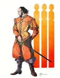  1boy absurdres beard black_hair boots facial_hair frills full_body gambeson highres male_focus original rapier ruralsketchin short_hair simple_background solo standing sword weapon 
