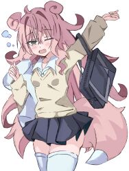  1girl absurdres ahoge amanotti_01 arm_up armpit_carry bag black_bag black_skirt blush breasts buttons collared_shirt cowboy_shot crossed_bangs curly_sidelocks dot_nose dress_shirt fang grey_eyes gyaru_slowpoke_(shin_no_tenpii) hair_intakes hand_up highres long_hair long_sidelocks long_sleeves looking_at_viewer miniskirt one_eye_closed open_mouth pillow pink_hair pink_tail pleated_skirt pokemon pokemon_pokopia school_bag shade shirt shoulder_bag side_ahoge sidelocks simple_background skindentation skirt sleepy small_breasts solo squeans standing stretching sweater tears thigh-highs thighs v-neck very_long_hair white_background white_shirt white_thighhighs wing_collar winter_uniform yawning yellow_sweater zettai_ryouiki zipper zipper_pull_tab 