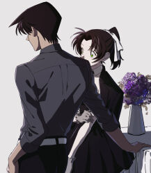  1boy 1girl absurdres belt black_hair black_pants black_skirt commentary_request facing_away flower green_eyes grey_shirt hattori_heiji highres jacket jacket_on_shoulders meitantei_conan pants pleated_skirt ponytail purple_flower ribbon shirt short_hair skirt tkc_(tkoshinchan) tooyama_kazuha vase white_belt white_ribbon 