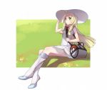  10s 1girl bag braid dress frostcyco green_eyes hand_to_hat hat highres lillie_(pokemon) long_hair pokemon pokemon_(game) pokemon_sm sitting solo twin_braids 