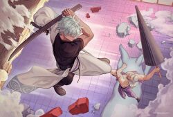  2boys architecture artist_name battle belt black_boots black_shirt black_umbrella bokken boots closed_umbrella commentary_request duel from_above gintama grey_hair hadanugi_dousa highres holding holding_sword holding_umbrella holding_weapon housen japanese_clothes jumping katana kimono male_focus multiple_boys muscular muscular_male oil-paper_umbrella old old_man open_clothes open_kimono pants purple_belt purple_pants red_eyes ruins sakata_gintoki shirt short_hair short_sleeves smoke sword tiles toned toned_male topless_male totemonemuuui twitter_username umbrella weapon white_hair wooden_sword 