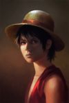  1boy androgynous brown_eyes brown_hair hat male_focus monkey_d_luffy one_piece realistic red_vest scar solo straw_hat vest 