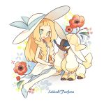  10s blonde_hair chromatic_aberration flower furfrou green_eyes hat lillie_(pokemon) pokemon pokemon_(game) pokemon_sm 