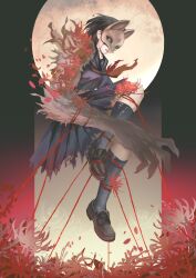  1girl black_hair black_shoes black_socks blood blood_on_face bound commentary flower fox_hinako fox_mask full_body full_moon grey_fur highres kneehighs mask medium_skirt moon parted_lips pleated_skirt ringed_eyes shimizu_hinako shoes signature silent_hill_(series) silent_hill_f skirt socks solo spider_lily taorotana tied_up_(nonsexual) torn_clothes 