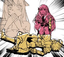  1boy 2girls armor blonde_hair commentary_request defeat fate/strange_fake fate_(series) fillia_(fate) full_armor gilgamesh_(fate) gold_armor highres mahouse600 meme multiple_girls smile surprised tine_chelc 