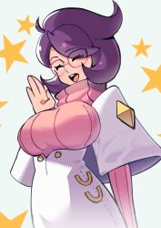  1girl absurdres big_hair breasts buttons capelet closed_eyes gjh glasses hand_up high-waist_skirt highres large_breasts long_sleeves mature_female medium_skirt open_mouth pencil_skirt pink-framed_eyewear pink_sweater pokemon pokemon_sm purple_hair ribbed_sweater short_hair skirt smile solo sweater sweater_guard teeth turtleneck turtleneck_sweater upper_body upper_teeth_only white_capelet white_skirt wicke_(pokemon) 