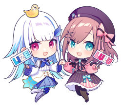  2girls armband beret bird black_bow black_bowtie black_pantyhose blue_armband blue_hair blue_skirt blue_thighhighs blush boots bow bowtie brown_hair cardigan chibi chibi_only collared_dress commentary dress gem gradient_hair green_background green_bow green_eyes green_gem hair_ornament hairclip hat hat_bow hat_pin holding holding_hands holding_sign layered_skirt lize_helesta lize_helesta_(1st_costume) long_hair long_sleeves looking_at_viewer medium_hair multicolored_hair multiple_girls nijisanji open_mouth pantyhose pink_bow pink_bowtie pink_cardigan pink_eyes pink_skirt pleated_skirt purple_hat purple_shoes purple_skirt saine sebastian_piyodore shirt shoes sign simple_background skirt smile streaked_hair striped_bow striped_bowtie striped_clothes striped_pantyhose striped_skirt suzuhara_lulu suzuhara_lulu_(1st_costume) thigh-highs vertical-striped_clothes vertical-striped_pantyhose vertical-striped_skirt virtual_youtuber white_background white_boots white_dress white_hair white_shirt yellow_bird 