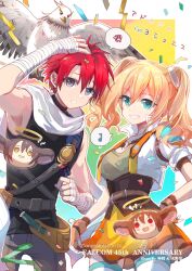  1boy 1girl adol_christin anniversary armor bird black_shirt blonde_hair blue_eyes brown_skirt commentary_request cosplay costume_switch cropped_jacket crossover eiyuu_densetsu grey_eyes highres karja_balta pauldrons red_hair scarf shirt shoulder_armor single_pauldron skirt smile sora_no_kiseki twintails white_scarf willfin ys ys_x:_nordics 