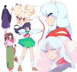  2girls 3boys animal_ears archery armor bishounen black_gloves black_hair black_robe boomerang bow_(weapon) breasts brown_hair brown_shoes commentary crescent crescent_facial_mark dog_ears drawing_arrow facial_mark fingerless_gloves fire forehead_mark full_body furrowed_brow gloves green_sailor_collar green_skirt hair_between_eyes higurashi_kagome holding holding_bow_(weapon) holding_staff holding_weapon inuyasha inuyasha_(character) japanese_armor japanese_clothes kariginu kimono kirara_(inuyasha) loafers long_hair long_skirt low-tied_long_hair low_ponytail medium_breasts midriff_peek miroku_(inuyasha) monk multiple_boys multiple_girls multiple_tails neckerchief nekomata parted_bangs pink_kimono pleated_skirt pointy_ears ponytail purple_tunic rebekah_jin red_eyes red_neckerchief red_shirt robe sailor_collar sango_(inuyasha) school_uniform sesshoumaru shirt shoes short_hair shoulder_spikes sidelocks skirt slit_pupils socks spikes staff standing tail thick_eyebrows tunic two_tails upper_body weapon weapon_on_back white_background white_hair white_shirt white_socks yellow_eyes 