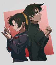  1boy 1girl absurdres back-to-back black_hair closed_mouth commentary_request cropped_legs hair_ribbon hair_tie hattori_heiji highres holding holding_hair_tie long_sleeves meitantei_conan neckerchief pleated_skirt ponytail red_neckerchief ribbon school_uniform serafuku skirt tan tkc_(tkoshinchan) tooyama_kazuha upper_body yellow_ribbon 