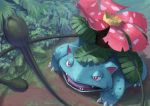  absurdres bright_pupils claws dirt flower grass half-closed_eyes highres leaf motion_blur no_humans open_mouth outdoors pink_eyes plant pokemon pokemon_(creature) rafflesia_(flower) sharp_teeth solo t@kuyoa teeth tongue venusaur vine_whip vines warts 