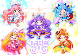  1boy 5girls :d ahoge antenna_hair aqua_eyes arched_bangs arm_bow arm_up artist_name ascot asymmetrical_bangs belt black_belt black_hat blonde_hair blonde_streaks blue_boots blue_bow blue_cape blue_dress blue_eyes blue_hair book boots bow braid braided_bangs bridal_gauntlets brooch butterfly_earrings butterfly_hat_ornament cape capelet chibi chibi_only clenched_hands closed_mouth coattails colored_petticoat colorful_background commentary crop_top crossed_legs cure_butterfly cure_majesty cure_prism cure_sky cure_wing cut_bangs detached_sleeves diagonal_bangs dress dress_bow earclip earrings elbow_gloves ellee-chan fighting_stance fingerless_gloves fringe-trimmed_cape fringe_trim full_body gloves gradient_hair green_eyes hair_between_eyes hair_bow hair_ornament half-dress half_up_braid halter_dress halterneck hand_on_own_chest hands_up hat hat_ornament heart heart_ahoge heart_hair_ornament high-low_dress hijiri_ageha hirogaru_sky!_precure holding holding_book jacket jewelry leg_up legs_apart long_hair looking_at_viewer low_ponytail magical_boy magical_girl majestic_chroniclon mary_janes microskirt midriff mob_cap multicolored_hair multiple_girls navel nijigaoka_mashiro open_clothes open_jacket open_mouth orange_boots orange_capelet orange_eyes orange_gloves orange_hair orange_jacket orange_shorts orange_vest outstretched_arm overskirt pantyhose petticoat pink_boots pink_bow pink_bridal_gauntlets pink_hair pink_hat pink_skirt pink_wrist_cuffs ponytail precure puffy_detached_sleeves puffy_short_sleeves puffy_sleeves purple_dress purple_hair purple_pantyhose purple_shoes reaching reaching_towards_viewer red_bow red_cape red_ribbon ribbon shoes short_sleeves shorts side_braids sidelocks single_earring single_hair_streak single_sidelock skirt skirt_bow sleeveless sleeveless_dress smile soboro_(jitome_dan) sora_harewataru sphere_earrings split_mouth streaked_hair swept_bangs tailcoat thigh-highs thigh_strap top_hat trap twintails two-sided_cape two-sided_fabric two-tone_dress two-tone_hair two_side_up v-shaped_eyebrows very_long_hair vest violet_eyes w white_ascot white_background white_boots white_bow white_dress white_gloves white_thighhighs wing_brooch wing_hair_ornament wrist_cuffs yuunagi_tsubasa zettai_ryouiki 