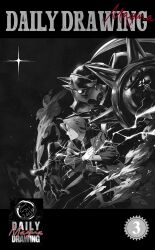  2boys ahoge alchemy alphonse_elric armor artist_name black_gloves black_jacket black_pants braid brothers cow edward_elric electricity fighting_stance full_armor fullmetal_alchemist furrowed_brow gloves highres horns jacket long_coat male_focus medium_hair military_uniform multiple_boys own_hands_together pants parted_bangs parted_lips plume shoulder_spikes siblings single_braid single_horn sparkle spikes spot_color tosi_0604 white_gloves 