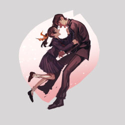  1boy 1girl absurdres black_shirt black_shoes black_skirt commentary_request full_body hair_ribbon hattori_heiji hetero highres long_hair long_sleeves looking_at_viewer meitantei_conan open_mouth orange_hair petals pleated_skirt ribbon school_uniform shirt shoes skirt tkc_(tkoshinchan) tooyama_kazuha 