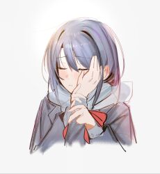 2girls adachi_sakura adachi_to_shimamura backlighting blue_hair closed_eyes coat cropped_torso dot_nose haidao_mao hand_on_another's_cheek hand_on_another's_face hand_up hands_on_another's_arm hands_up highres holding holding_ribbon light_blush medium_hair multiple_girls parted_lips red_ribbon ribbon scarf shimamura_hougetsu simple_background sketch solo_focus teeth upper_body warming_hands white_background white_scarf yuri 