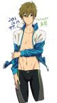  1boy brown_hair green_eyes high_speed! kyouta_(a01891226) male_focus smile solo swim_trunks tachibana_makoto white_background 