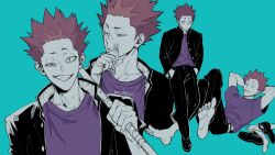  1boy aqua_background arms_behind_head bandaid bandaid_on_face bandaid_on_nose bruise bruise_on_face buttons commentary_request delinquent feet gakuran haikyuu!! hands_in_pockets highres holding holding_lead_pipe injury jacket lead_pipe looking_at_viewer male_focus multiple_views open_clothes open_jacket purple_shirt red_eyes red_hair school_uniform shirt shoes short_hair simple_background smile socks soles solo tendou_satori tkr_241 toes twitter_username unworn_shoes unworn_socks 
