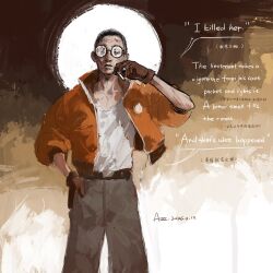  1boy azzz_6687 belt black_eyes black_hair bomber_jacket buzz_cut cigarette disco_elysium english_text gloves hand_on_own_hip hashtag-only_commentary highres holding holding_cigarette jacket kim_kitsuragi looking_at_viewer male_focus orange_gloves orange_jacket round_eyewear shirt shirt_tucked_in short_hair smoke smoke_trail smoking solo source_quote sun_behind_head very_short_hair white_shirt 