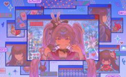  1girl black_choker card choker commentary_request diamond_(shape) diamond_facial_mark dual_persona evil_smile facial_mark fox_mask heart heart_facial_mark highres honkai:_star_rail honkai_(series) livestream long_hair mask playing_card smile sparkle_(honkai:_star_rail) sparxie_(honkai:_star_rail) thai_commentary twintails white_hair window_(computing) ymge272 