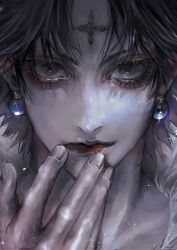  1boy black_eyes black_hair chrollo_lucilfer close-up cross_tattoo earrings facial_mark faith666 forehead_mark forehead_tattoo fur_trim hunter_x_hunter jewelry looking_at_viewer male_focus short_hair solo straight-on tattoo 