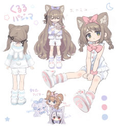  3girls absurdres animal_ear_fluff animal_ears arikomen braid brown_hair closed_eyes commentary_request green_eyes highres kipfel_(vrchat) long_hair multiple_girls open_mouth sitting socks striped_clothes striped_socks twin_braids twintails very_long_hair vrchat 