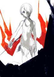  1girl breath_of_fire breath_of_fire_v closed_mouth commentary_request dress facial_mark forehead_mark greyscale hair_over_one_eye highres holding holding_staff kannoaki looking_at_viewer monochrome nina_(breath_of_fire_v) short_hair sketch solo spot_color staff white_background white_dress wings 