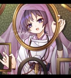  1boy absurdres armor black_bow black_sash blunt_ends bow choppy_bangs colored_eyelashes commentary_request curled_fingers dated eyeliner feathers genshin_impact hands_up head_tilt highres indoors japanese_armor japanese_clothes kariginu kimono kote kurokote layered_sleeves long_sleeves makeup male_focus open_mouth pink_kimono pink_sleeves pom_pom_(clothes) purple_hair purple_veil red_eyeliner sash scaramouche_(genshin_impact) scaramouche_(kabukimono)_(genshin_impact) see-through_clothes see-through_veil shoulder_cut signature solo string upper_body veil violet_eyes white_sleeves wide_sleeves yellow_feathers yuzuko_to_love 