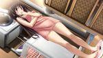  1girl amatsutsumi barefoot blush brown_hair dutch_angle game_cg hand_to_own_mouth indoors koku long_hair naked_towel official_art open_mouth oribe_kokoro red_eyes solo standing towel weighing_scale 
