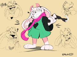  1boy ? animal_ears artist_name barefoot black-framed_eyewear black_eyes brown_background commentary deltarune english_commentary food furry furry_male fusion glasses gun highres holding holding_food holding_gun holding_popsicle holding_weapon horns laughing long_sleeves looking_at_viewer male_focus max_(sam_&amp;_max) meeart117 open_mouth pink_scarf popsicle ralsei round_eyewear sam_&amp;_max scarf sharp_teeth simple_background smoke smoke_trail solo spongebob_squarepants spongebob_squarepants_(series) teeth twitter_username utdr_(toby_fox) weapon 