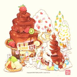  +_+ animal banana chibi chibi_only chocolate chocolate-covered_food chocolate_fountain commentary_request copyright_logo eating food fruit heart heart-shaped_mouth holding_ice_cream_scoop_(utensil) ice_cream ice_cream_scoop_(utensil) kiwi_(fruit) kiwi_slice korean_commentary logo no_humans orange_(fruit) original oversized_food oversized_object picking_fruit pineapple simple_background spoken_heart strawberry talbi tree watermark white_background 