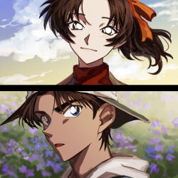  1boy 1girl absurdres blue_eyes brown_hair commentary_request field flower flower_field hair_ribbon hattori_heiji highres light_blush light_smile long_hair looking_at_another meadow meitantei_conan orange_ribbon outdoors parted_bangs parted_lips ponytail red_shirt ribbon shirt short_hair tkc_(tkoshinchan) tooyama_kazuha turtleneck upper_body white_hair 
