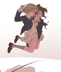  2girls :d ^_^ black_jacket blush bow brown_hair brown_shoes closed_eyes commentary_request full_body grey_socks grin hair_bow haruruhaharur highres holding_hands interlocked_fingers jacket jumping loafers long_hair love_live! love_live!_nijigasaki_high_school_idol_club miniskirt multiple_girls nakasu_kasumi neck_ribbon nijigasaki_school_uniform open_clothes open_jacket open_mouth osaka_shizuku pleated_skirt profile red_bow ribbon school_uniform shoes short_hair skirt smile socks sweater white_background white_skirt winter_uniform yellow_ribbon yellow_sweater 