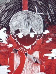  1boy antenna_hair commentary_request double-parted_bangs geldslzcyf59548 hair_between_eyes holding holding_knife knife looking_at_viewer male_focus noose omori omori_(omori) rope short_hair solo something_(omori) tank_top upper_body 