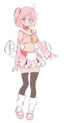  1girl angel angel_wings animal_collar blue_eyes blush breasts closed_mouth collar crop_top detached_sleeves feathered_wings full_body highres kohane_(linatai) leg_warmers linatai looking_at_viewer midriff mini_wings navel original pink_hair pink_wings sailor_collar shoes short_hair skirt solo standing thigh-highs two_side_up under_boob white_skirt white_wings wings 