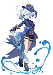  1girl absurdres ahoge arm_behind_back ascot asymmetrical_gloves black_gloves black_shirt black_shoes black_shorts black_vest blue_eyes blue_gem blue_hair blue_hat blue_jacket blue_pupils blue_sash bow buttons closed_mouth drill_hair drill_sidelocks drop-shaped_pupils full_body furina_(genshin_impact) gem genshin_impact gloves hair_between_eyes hat hat_bow hat_ornament hatsu_q heart heart_print heterochromia highres holding holding_sword holding_weapon huge_ahoge jacket jewelry lapels long_sleeves looking_at_viewer mismatched_gloves mismatched_pupils multicolored_hair open_clothes open_jacket pendant purple_ascot sash shirt shoes short_hair short_shorts shorts sidelocks smile socks solo splendor_of_tranquil_waters_(genshin_impact) standing star_(symbol) sword symbol-shaped_pupils thigh_strap two-tone_hair veil vest vision_(genshin_impact) water weapon white_gloves white_hair white_socks white_veil 