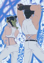  1girl battle_tendency birthmark black_hair braid commentary_request crossed_arms double_bun family fingerless_gloves gijojogi gloves green_hair hair_bun highres joestar_birthmark jojo_no_kimyou_na_bouken joseph_joestar joseph_joestar's_pose joseph_joestar_(young) korean_commentary kujo_jolyne kujo_jolyne's_pose midriff multicolored_hair outfit_connection posing stone_ocean suspenders two-tone_hair 