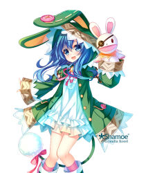 1girl 1other animal_ears animal_hood blue_eyes blue_hair boots coat commentary_request date_a_live dress eyepatch fake_animal_ears frilled_dress frills grandia_koori green_boots green_coat hand_puppet himekawa_yoshino himekawa_yoshino_(spirit) hood long_hair long_sleeves looking_at_viewer open_mouth pink_ribbon pom_pom_(clothes) puppet rabbit_ears rabbit_puppet ribbon smile white_background white_dress wide_sleeves yoshinon 