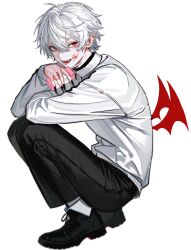  1boy black_boots black_nails black_pants blood blood_on_face boots commentary_request drink_carton fangs fingernails full_body hair_between_eyes highres holding holding_juice_box hrak_mumi jacket juice_box kuzuha_(nijisanji) long_fingernails looking_at_viewer male_focus mini_wings mole mole_under_eye nijisanji pants pointy_ears red_eyes red_wings sharp_fingernails short_hair simple_background solo squatting teeth track_jacket white_background white_hair white_jacket wings zipper_pull_tab 