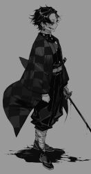  1boy absurdres belt blood blood_drip blood_on_face blood_on_weapon checkered_haori clenched_hand closed_mouth commentary_request demon_slayer_uniform earrings floating_hair from_side full_body greyscale hanafuda_earrings haori highres holding holding_sword holding_weapon hrak_mumi japanese_clothes jewelry kamado_tanjirou katana kimetsu_no_yaiba male_focus monochrome sandals scabbard scar scar_on_face scar_on_forehead shadow sheath sheathed solo standing sword twitter_username weapon 