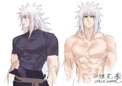  1boy abs artist_name cokiebeard facial_mark highres jiraiya_(naruto) long_hair male_focus muscular muscular_male naruto_(series) signature sketch solo spiky_hair twitter_username white_hair 